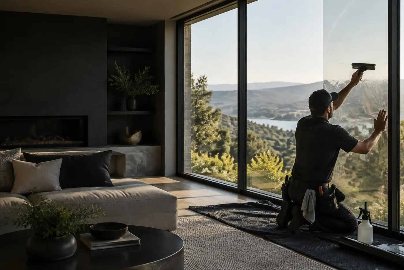 Installer applying solar window film inside a modern Meadow Vista home